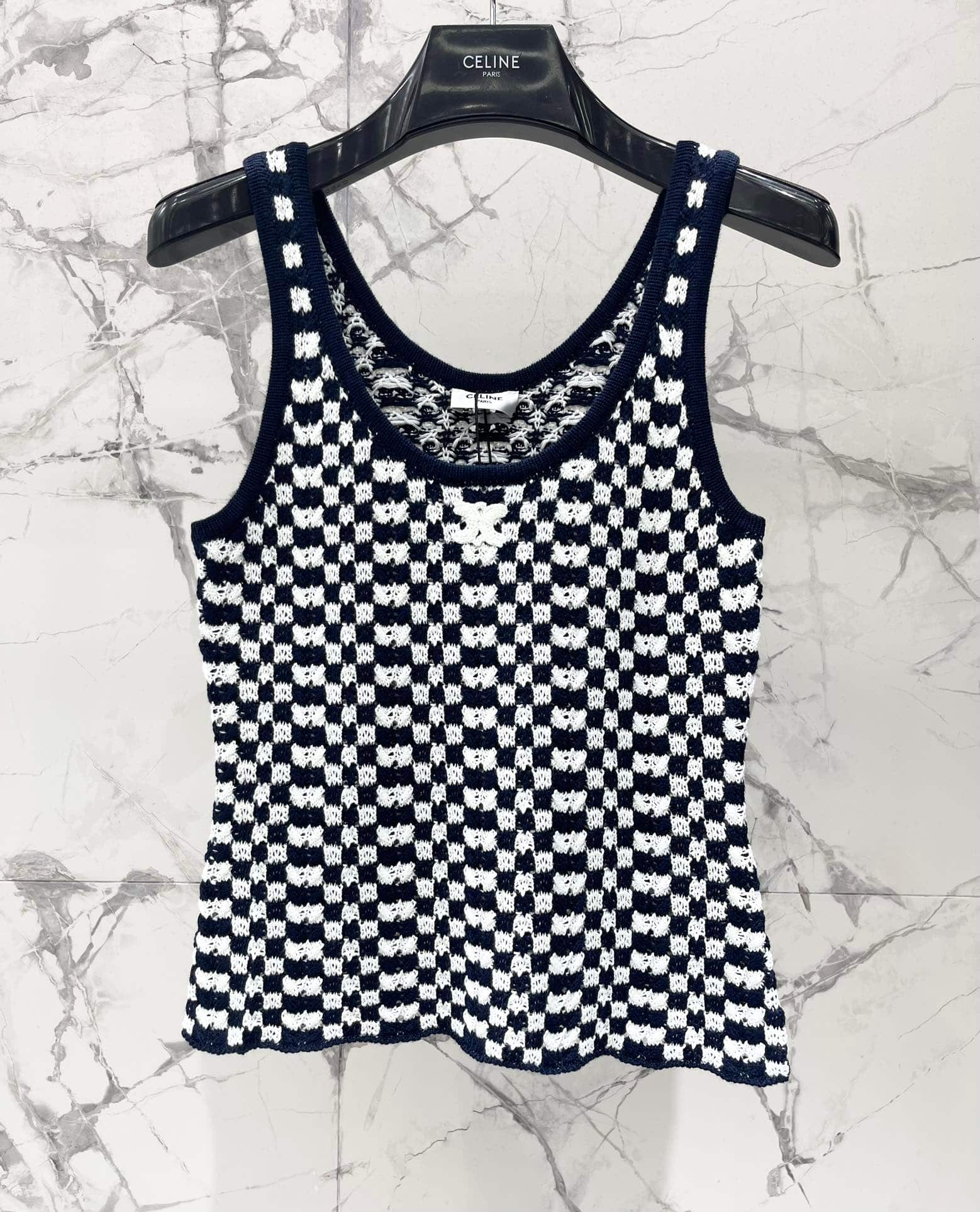 Celine: Top sans manches, broderie, imprimé, coton