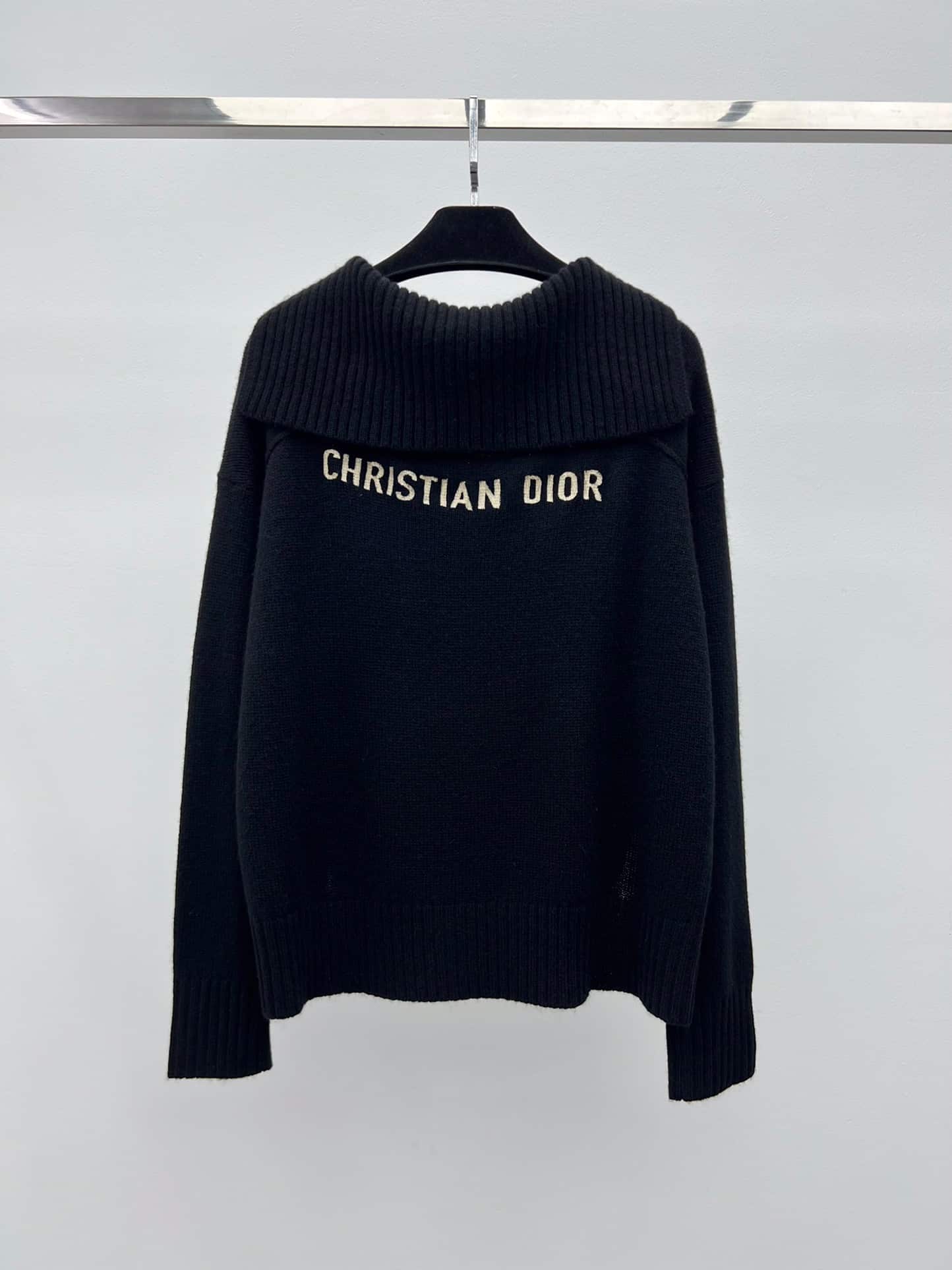Dior: Sweater, beige, black, embroidery, ribbed knit, cashmere