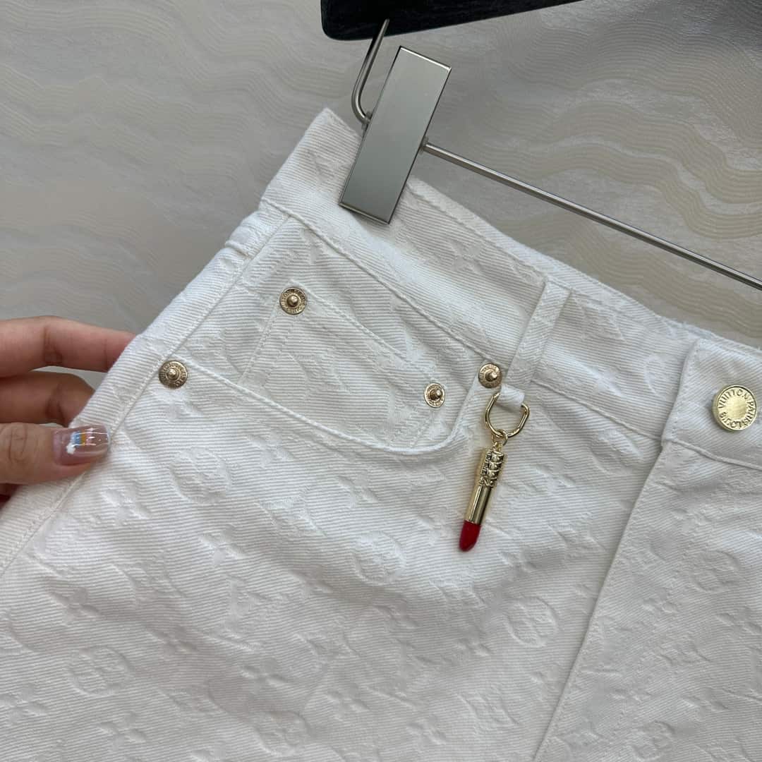 Louis Vuitton: 半身裙, 白色, 提花, 字母印花, 标志, 金属配件
