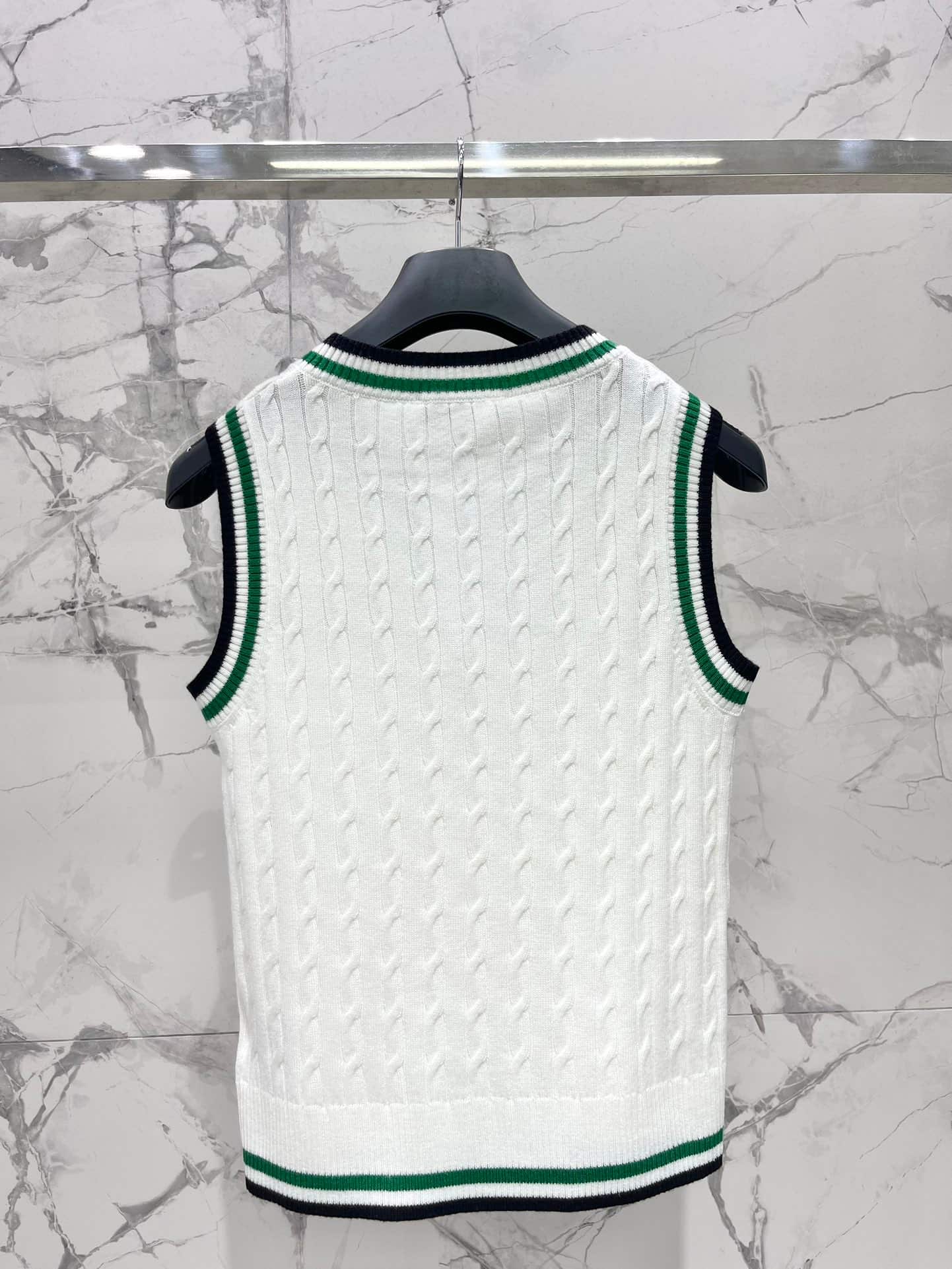 Dior: Sleeveless top, embroidery, stripes, contrast panels, denim