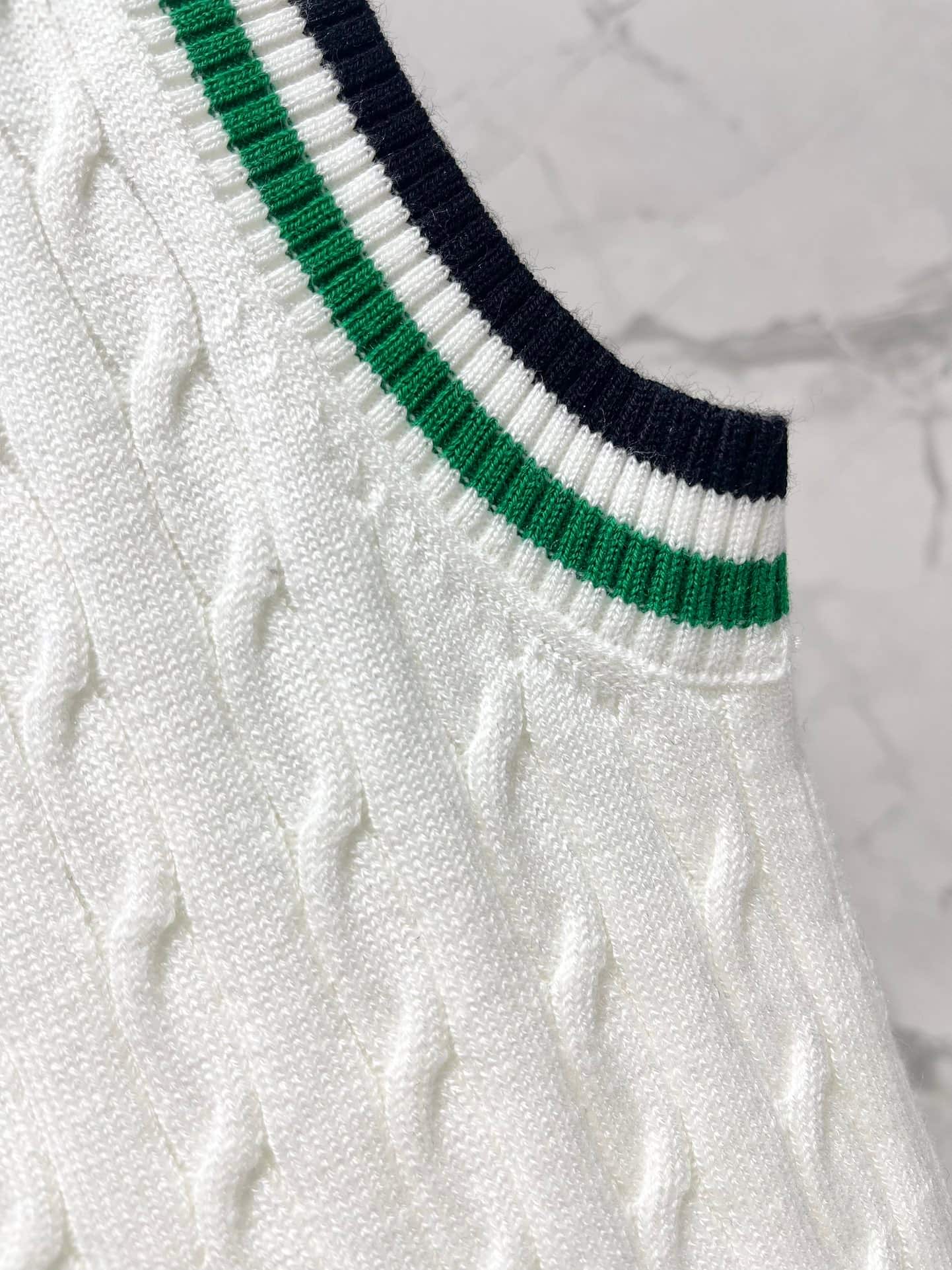 Dior: Sleeveless top, embroidery, stripes, contrast panels, denim