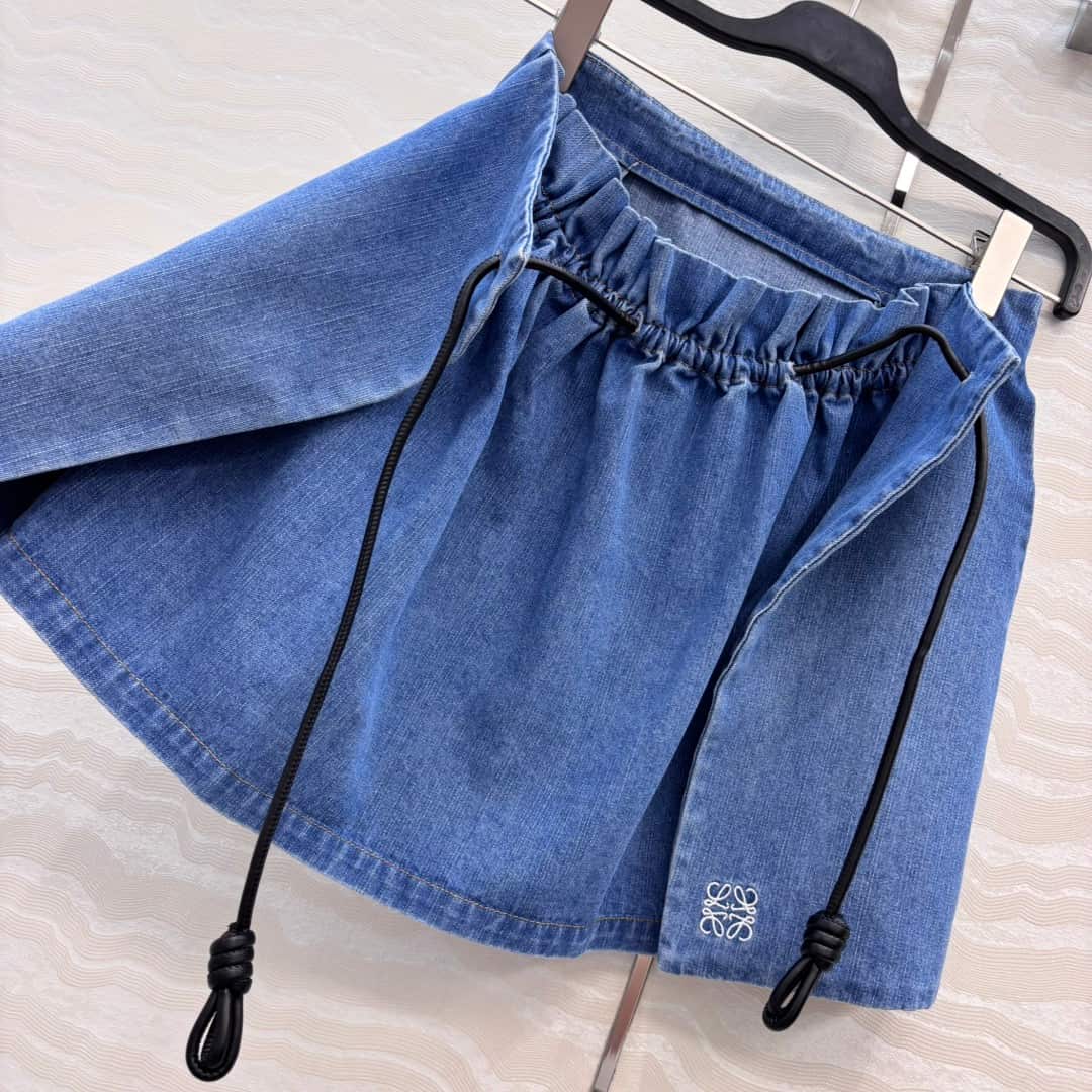 Loewe: 半身裙, 刺绣, 标志, 抽绳, 牛仔布