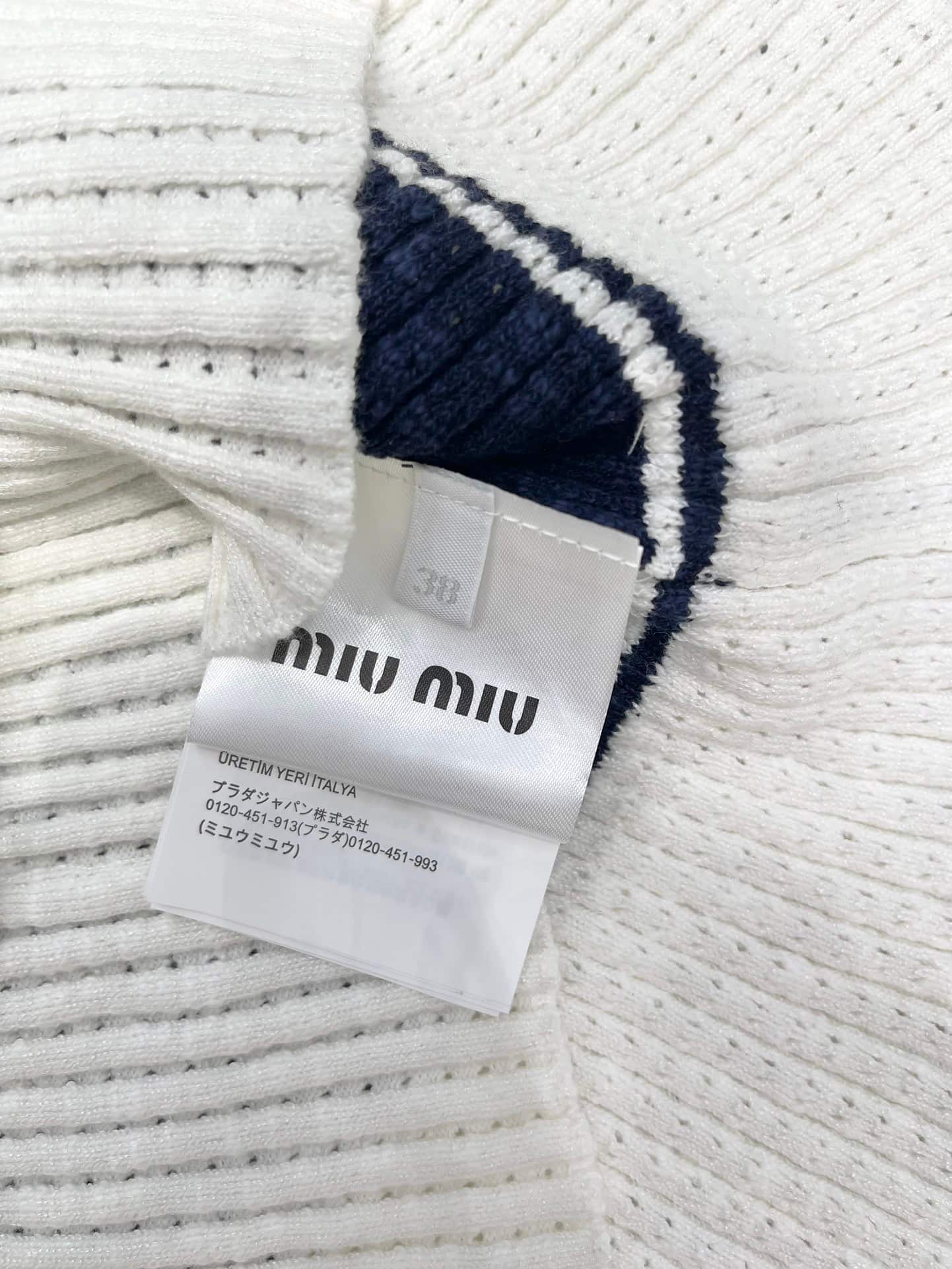 Miu Miu: Veste, bleu marine, broderie, rayures, empiècements contrastants