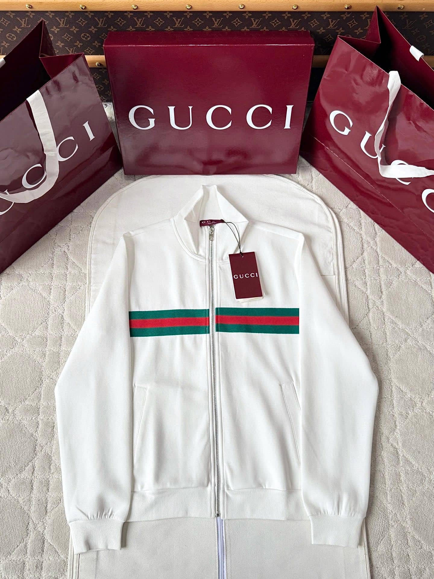 Gucci: Veste zippée, blanc, fermeture zippée, coton