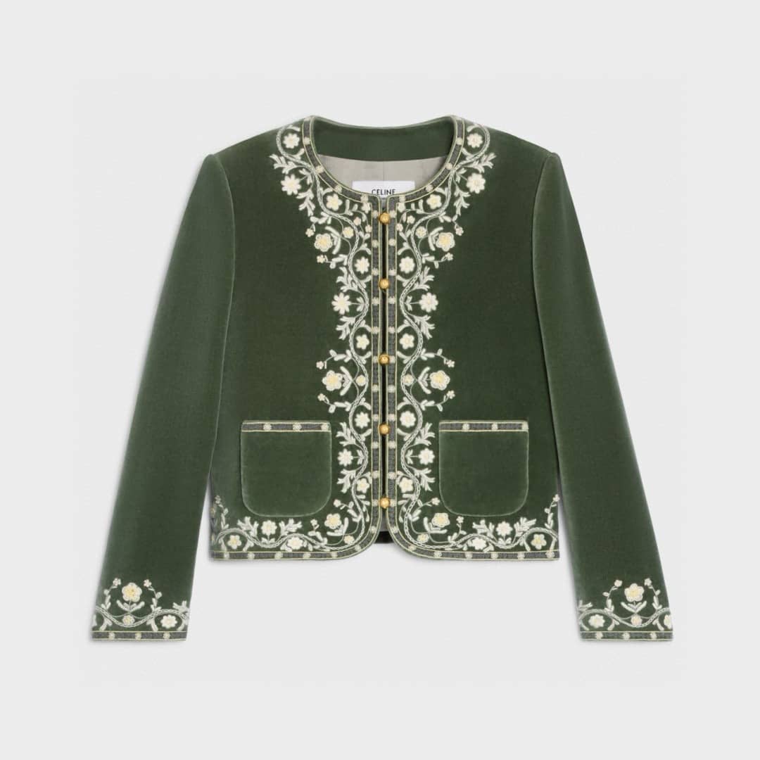 Celine: Jacket, white, green, embroidery, print, velvet, spring/summer 2025