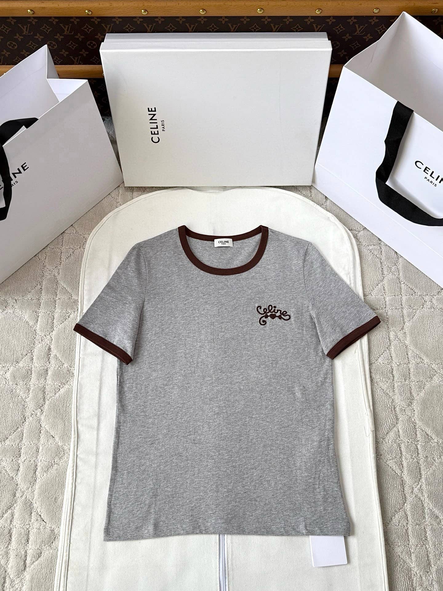 Celine: T-shirt, embroidery, contrast panels, logo, autumn/winter 2025