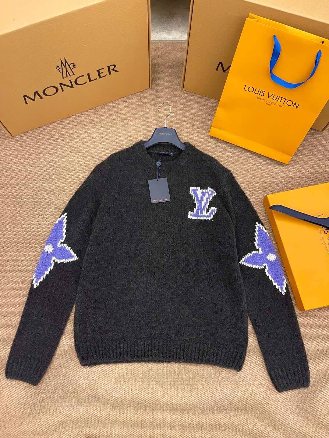 Louis Vuitton: Sweater, print, jacquard, contrast panels, logo, wool