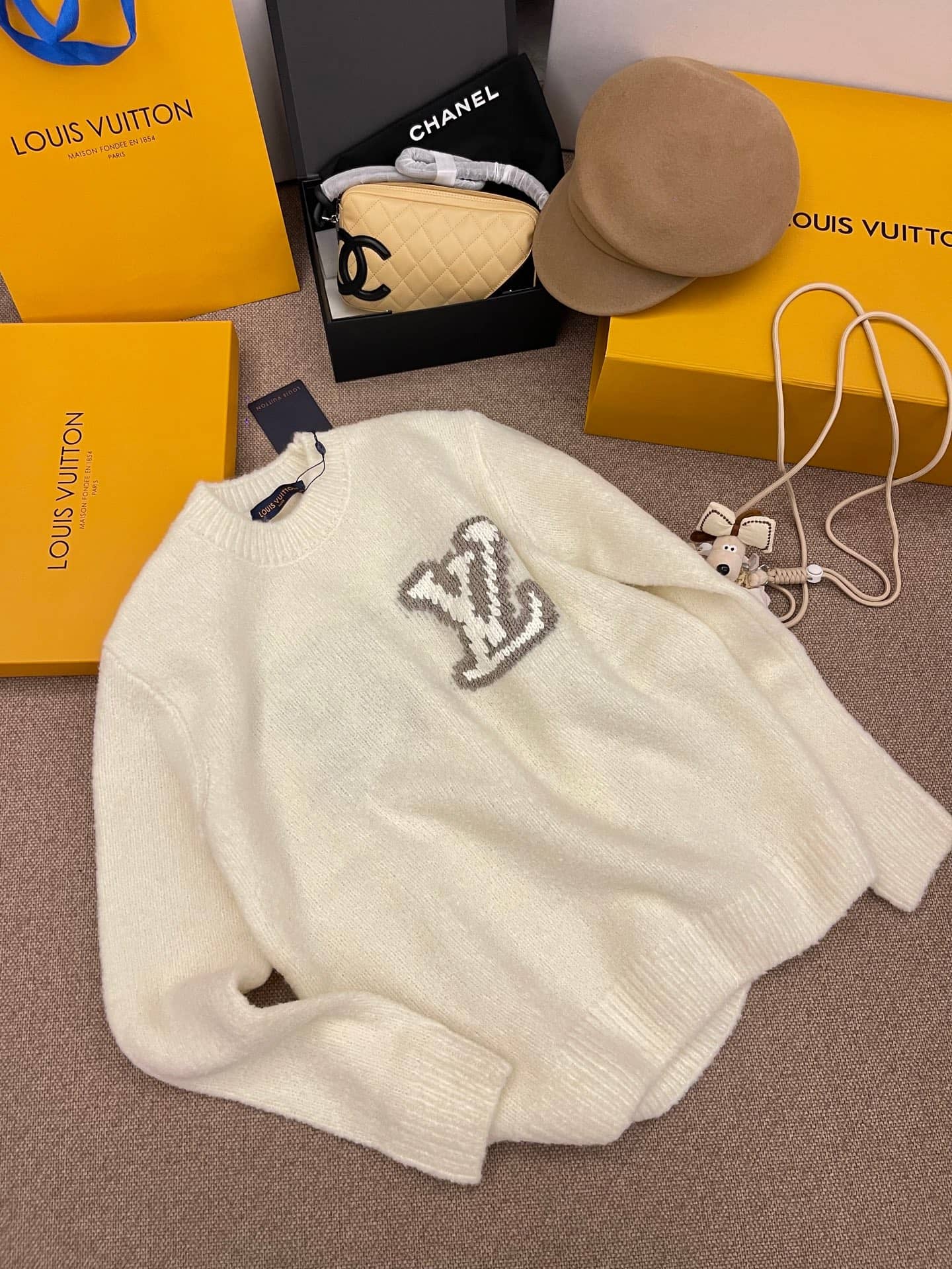 Louis Vuitton: Sweater, print, jacquard, contrast panels, logo, wool