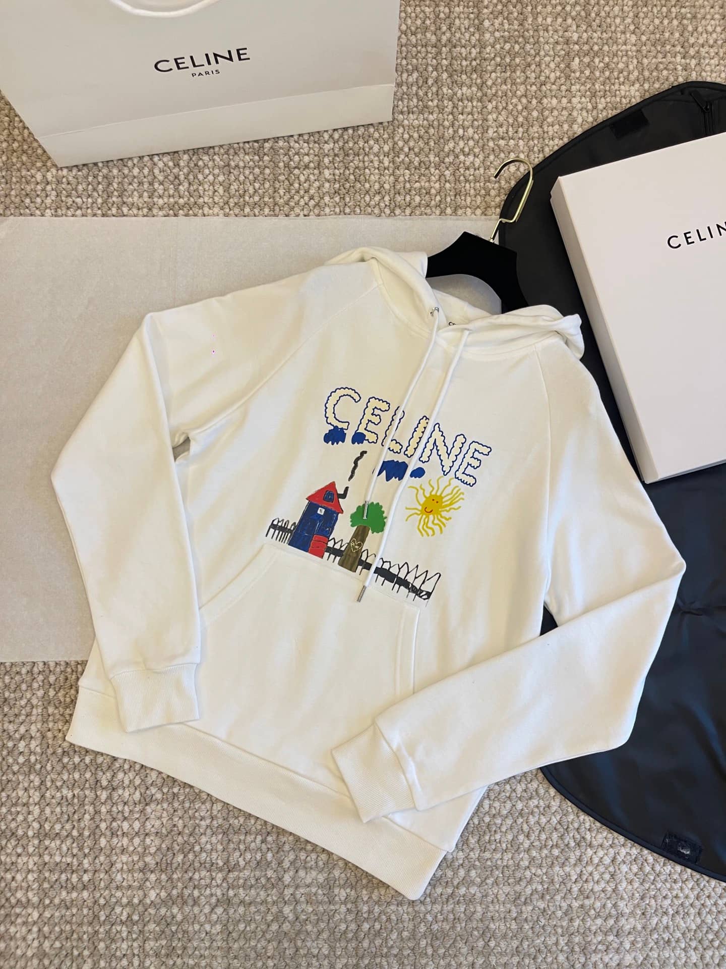 Celine: Hoodie, print, graffiti, vintage finish, contrast panels, hood, spring/summer 2025