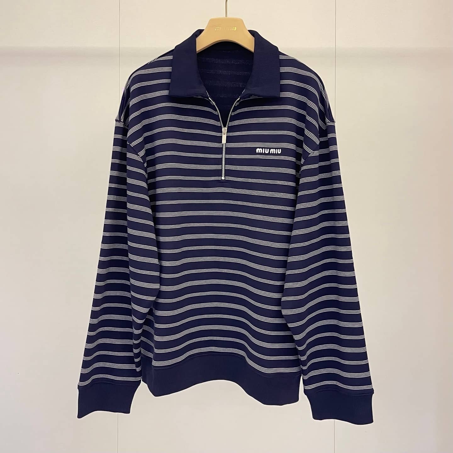 Miu Miu: Sweatshirt, embroidery, stripes, contrast panels, zip fastening, spring/summer 2025