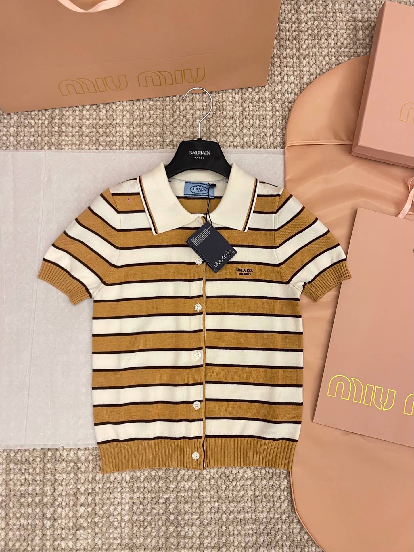 Prada: T-shirt, jacquard, intarsia, stripes, contrast panels, logo, spring/summer 2025