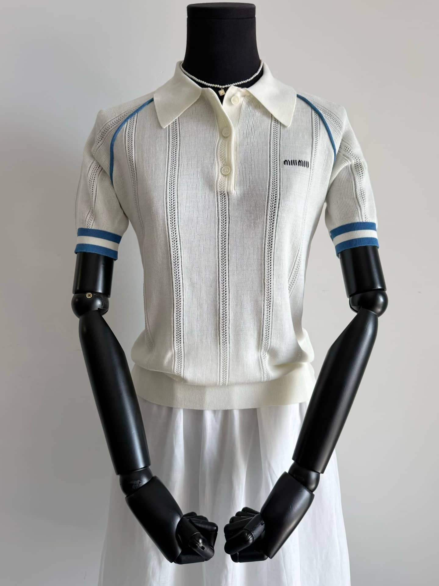 Miu Miu: Sweater, blue, jacquard, contrast panels, cotton